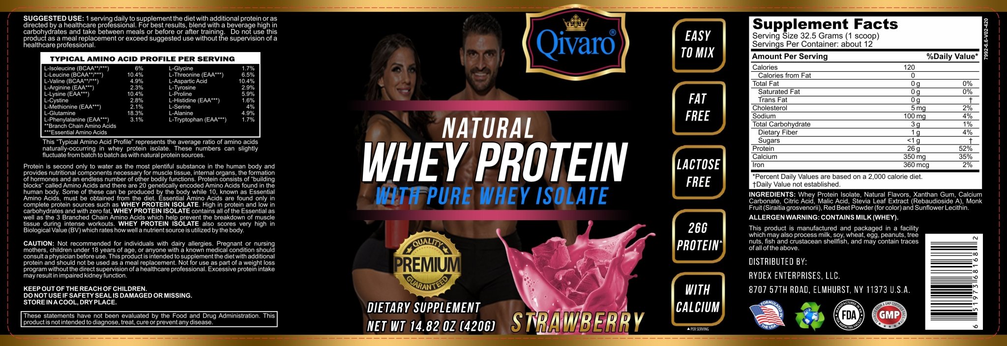 Natural Whey Protein w/ pure whey isolate - Strawberry Flavor - By Qivaro - 420 grams - Qivaro USA