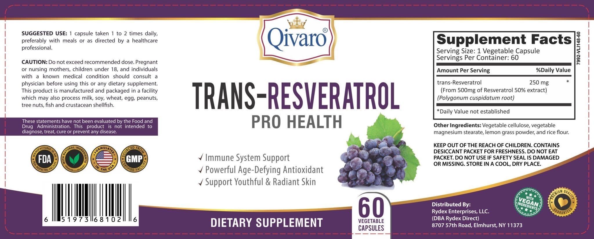 Trans-Resveratrol Pro Health By Qivaro - (60 veggie capsules) - Qivaro USA