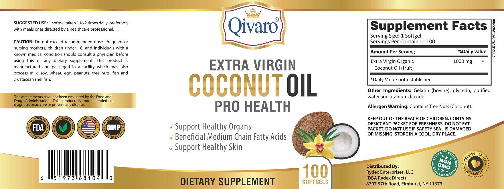 Extra Virgin Coconut Oil Pro Health By Qivaro (100 softgels) - Qivaro USA