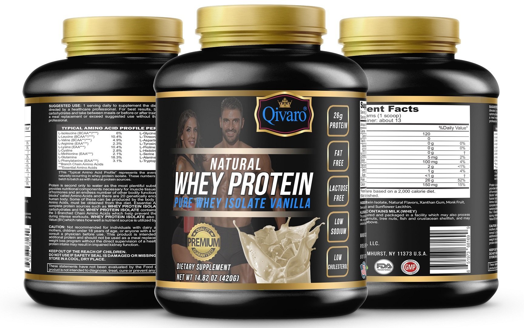 Natural Whey Protein w/ pure whey isolate - Vanilla Flavor - 420 grams - Qivaro USA