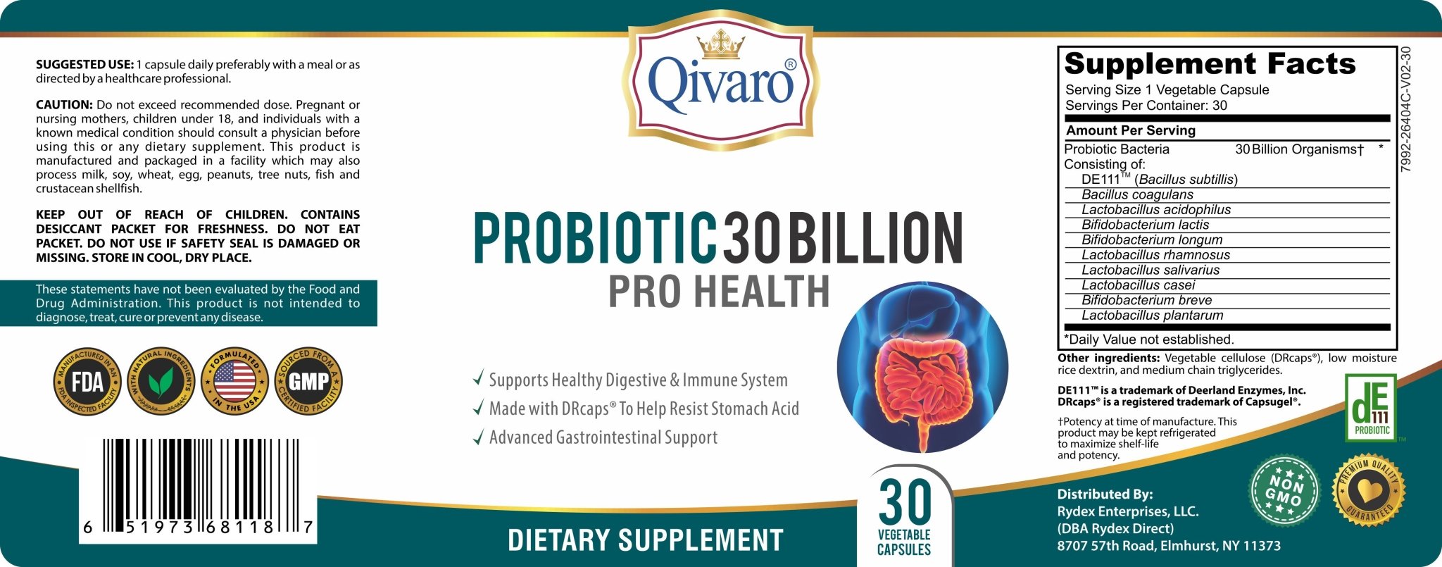 Probiotic 30 Billion Pro Health By Qivaro - (30 veggie caps) - Qivaro USA