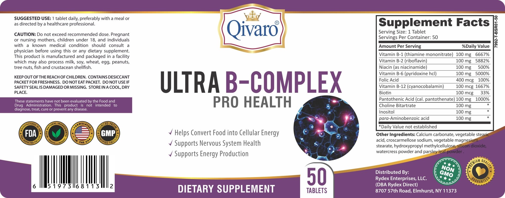 QIH13 - Ultra B-Complex Pro Health By Qivaro (50 coated tabs) - Qivaro USA