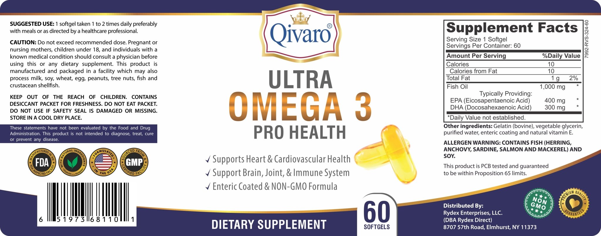 Ultra Omega 3 Pro Health 深海魚油寶 (60 softgels) - Qivaro USA